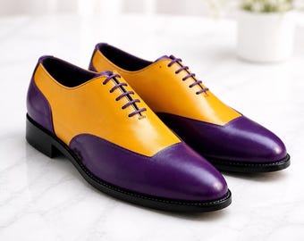 Zapatos de vestir para hombre Primo Pelle, de cuero bicolor morado y amarillo, hechos a mano, con cordones.