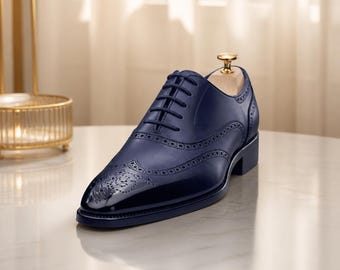 Handmade Men's Blue Leather Oxford Wingtip Brogue Lace Up Dress Formal Shoe Men