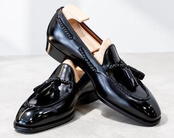 Custom Made Men's Black Leather Tassel Slip-On Loafers Penny Loafers for Party
