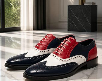 Neue, handgefertigte, dreifarbige Wingtip-Schuhe aus echtem Leder, formelle Oxford-Schuhe