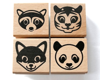 Animal Head Stamps: Raccoon, Tiger, Fox, Panda - Beech Wood