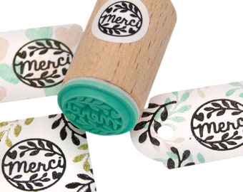 Mini Wooden Stamp - Merci with Twig and Heart