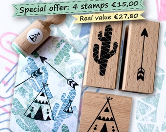 Cactus, arrow, teepee Ink stamp set:  with also a mini teepee  (tipi, tepee) stamp