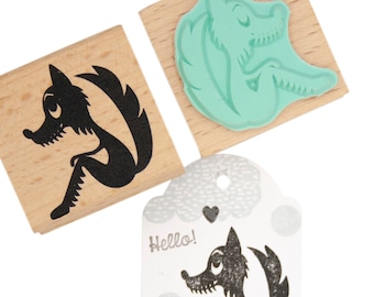 Sitting Wolf Rubber Stamp - Mint Green, Beech Wood Handle