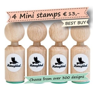Kies 4 Mini Stempels uit de meer dan 200 verschillende ontwerpen, dieren stempels, trouwstempels, geboortestempels, feeststempels