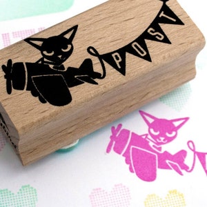 Adorable tampon en bois Cat Pilot pour courrier et enveloppes personnalisés
