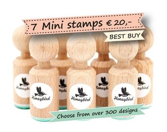 Set of 7 Wooden Mini Stamps - Make your choice - More than 300 designs - gift