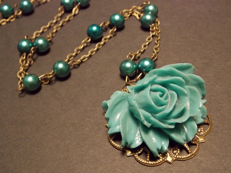 Teal and Bronze Victorian Rose Statement Necklace