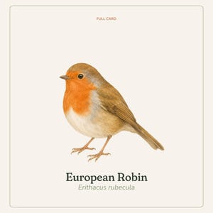 K&ouml;nnte beinhalten: Eine rechteckige Karte mit einer detaillierten Illustration eines Rotkehlchens mit leuchtend oranger Brust, braunen Fl&uuml;geln und hellem Bauch. Der Text lautet oben FULL CARD und unten European Robin Erithacus rubecula.