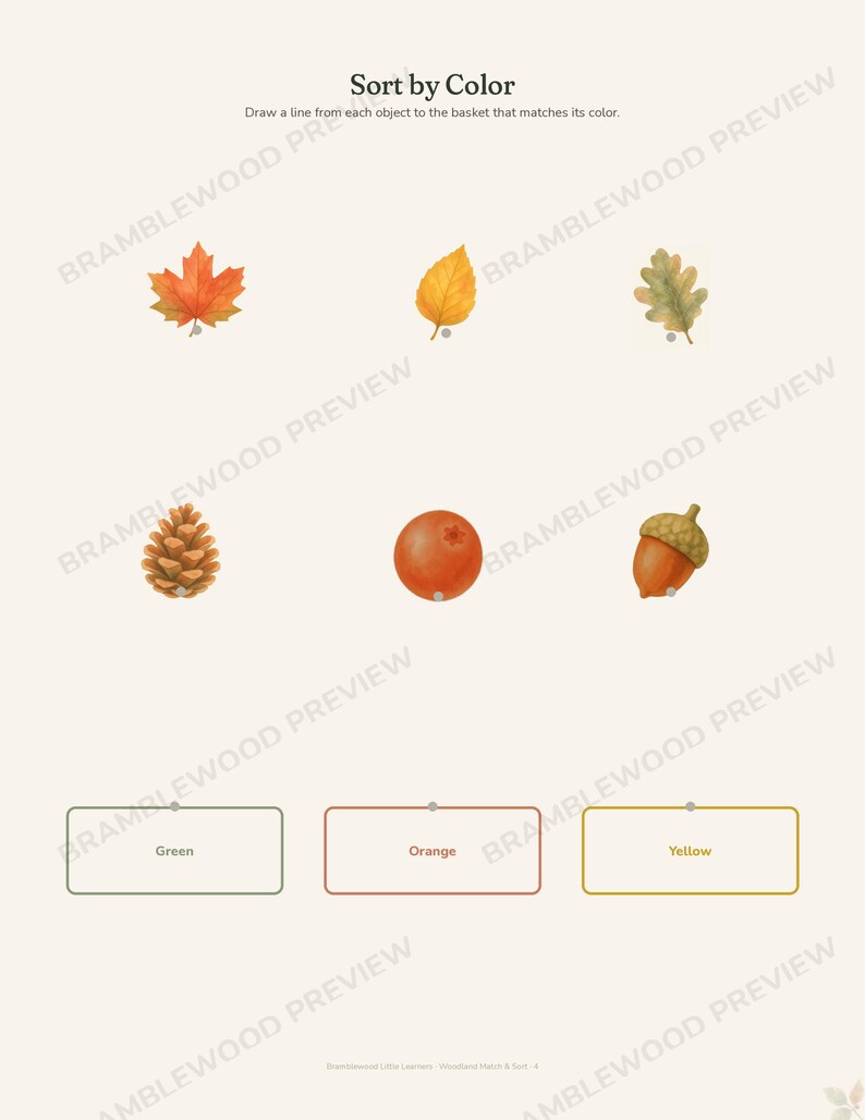 May include: An educational worksheet titled Sort by Color with the instruction to draw a line from each object to the matching basket. It features illustrations of a maple leaf, yellow leaf, oak leaf, pinecone, berry, and acorn above three colored boxes.