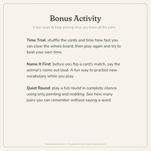 Peut inclure: Une carte rectangulaire avec le titre Bonus Activity et le sous-titre A few ways to keep playing once you know all the pairs. Elle pr&eacute;sente trois variantes de jeu : Time Trial, Name It First et Quiet Round, avec des instructions pour chacune.