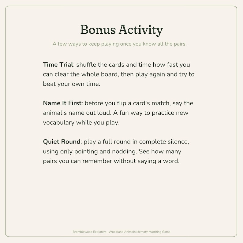 Peut inclure: Une carte rectangulaire avec le titre Bonus Activity et le sous-titre A few ways to keep playing once you know all the pairs. Elle pr&eacute;sente trois variantes de jeu : Time Trial, Name It First et Quiet Round, avec des instructions pour chacune.