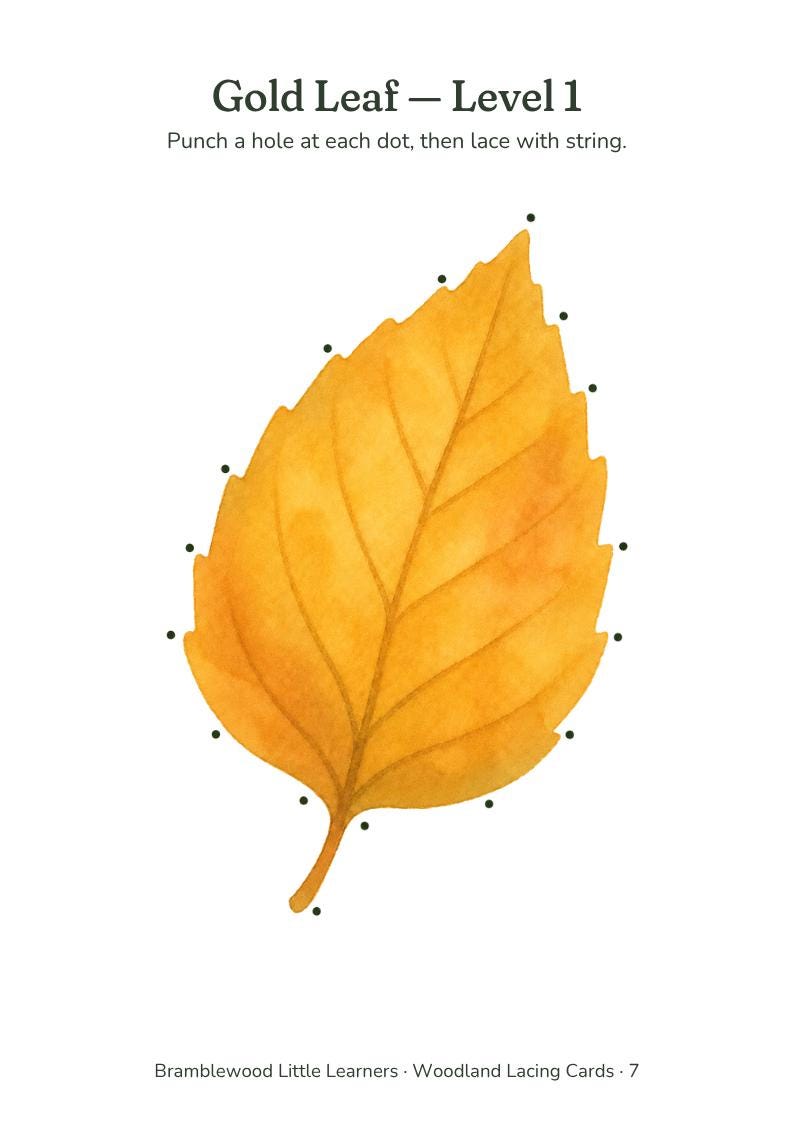 May include: A lacing card featuring a watercolor illustration of a golden yellow leaf with black dots along the edges for punching holes. The text reads Gold Leaf - Level 1, Punch a hole at each dot, then lace with string, and Bramblewood Little Learners - Woodland Lacing Cards - 7.