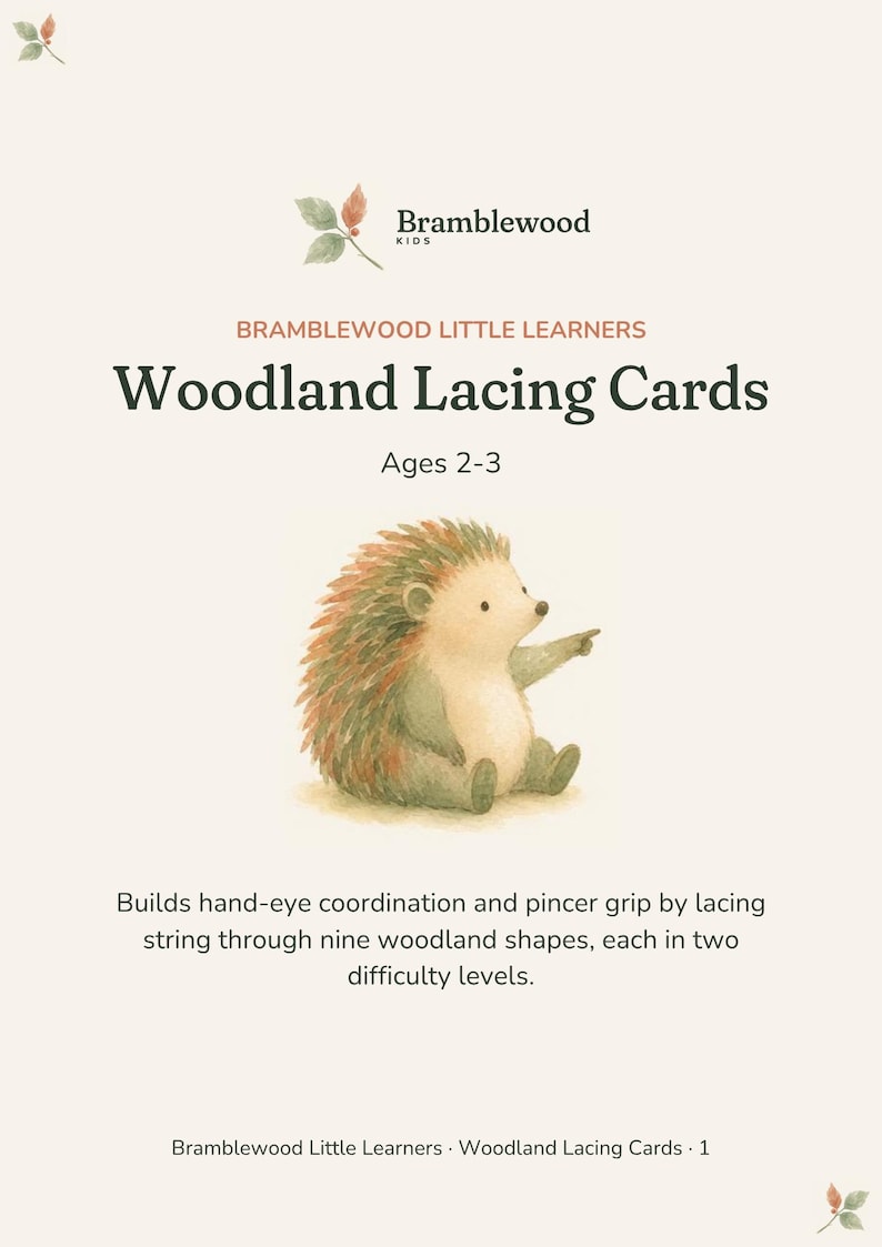 May include: A product packaging cover for Bramblewood Kids Woodland Lacing Cards for ages 2-3. The design features a watercolor illustration of a hedgehog and text describing the product as a tool for hand-eye coordination and pincer grip.