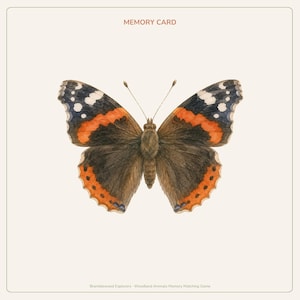 Peut inclure: Une carte m&eacute;moire carr&eacute;e pr&eacute;sentant une illustration &agrave; l'aquarelle d'un papillon Vulcain avec des ailes brun fonc&eacute;, des bandes orange et des taches blanches. Le texte MEMORY CARD est imprim&eacute; en haut et Bramblewood Explorers Woodland Animals Memory Matching Game en bas.