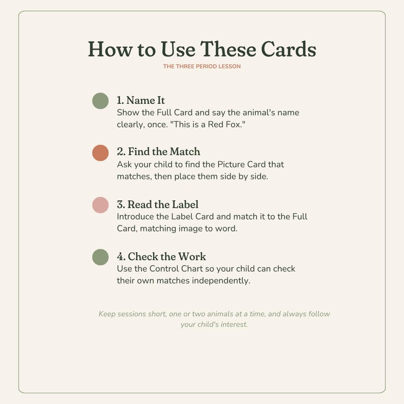 K&ouml;nnte beinhalten: Eine Anleitungskarte mit dem Titel How to Use These Cards: The Three Period Lesson. Sie listet vier Schritte mit farbigen kreisf&ouml;rmigen Symbolen auf: 1. Name It, 2. Find the Match, 3. Read the Label und 4. Check the Work, gefolgt von einem Hinweis.