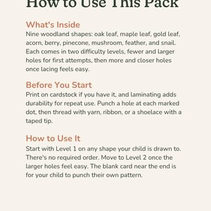 May include: An instructional document titled How to Use This Pack for woodland lacing cards. It lists nine shapes including oak leaf, maple leaf, gold leaf, acorn, berry, pinecone, mushroom, feather, and snail, with instructions for two difficulty levels.