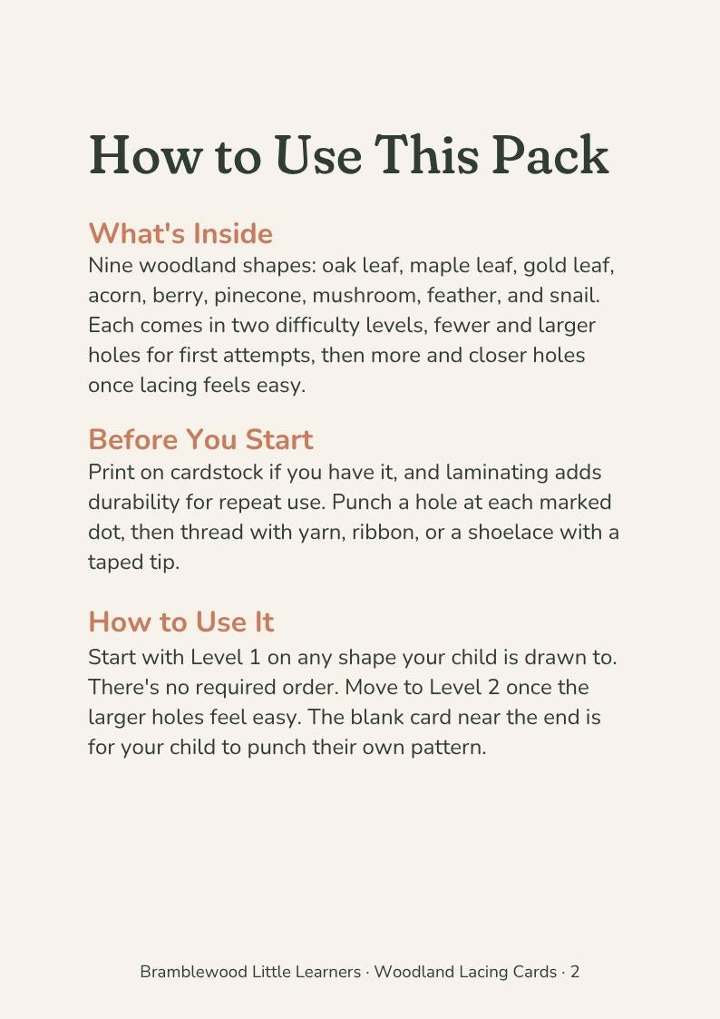 May include: An instructional document titled How to Use This Pack for woodland lacing cards. It lists nine shapes including oak leaf, maple leaf, gold leaf, acorn, berry, pinecone, mushroom, feather, and snail, with instructions for two difficulty levels.