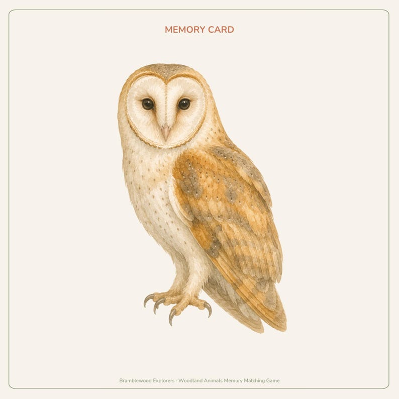 Peut inclure: Une carte m&eacute;moire carr&eacute;e pr&eacute;sentant une illustration d&eacute;taill&eacute;e d'une effraie des clochers aux plumes blanches et brun dor&eacute;. Le texte MEMORY CARD est imprim&eacute; en brun en haut, et Bramblewood Explorers Woodland Animals Memory Matching Game en bas.