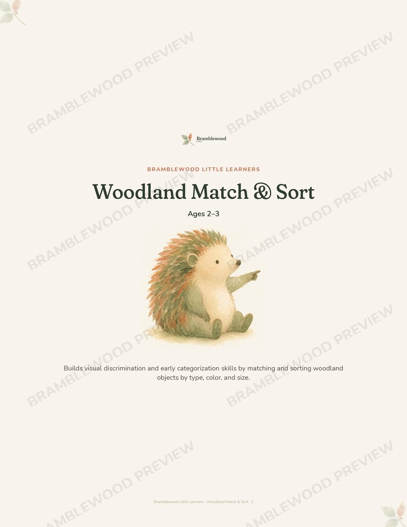 May include: A Bramblewood Little Learners Woodland Match & Sort educational activity sheet for ages 2-3. The page features a central illustration of a small, light-colored hedgehog with brown and green quills, pointing to the right side.