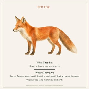 May include: A nature science worksheet featuring a watercolor illustration of a red fox. Text includes: RED FOX, What They Eat: Small animals, berries, insects, and Where They Live: Across Europe, Asia, North America, and North Africa, Bramblewood Explorers.