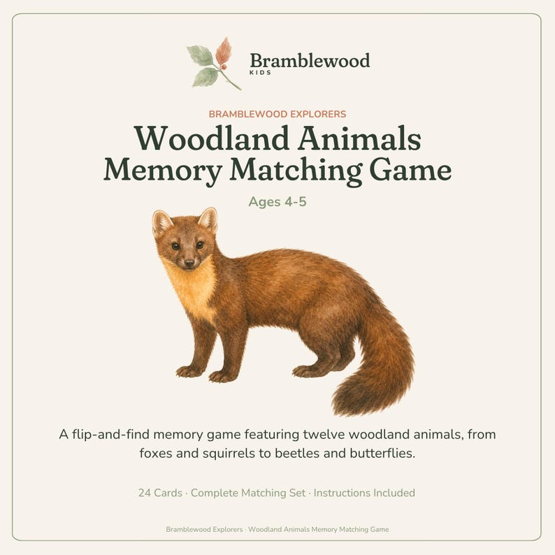 Peut inclure: Un jeu de m&eacute;moire Bramblewood Kids Woodland Animals pour les 4-5 ans. La bo&icirc;te pr&eacute;sente une illustration de martre brune, le texte Bramblewood Explorers, et d&eacute;crit un jeu de paires avec 24 cartes, douze animaux et des instructions incluses.