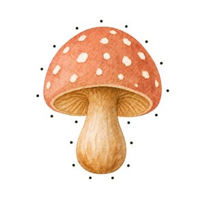 May include: A lacing card featuring a watercolor illustration of a mushroom with a red cap and white spots. The text reads Mushroom - Level 1, Punch a hole at each dot, then lace with string, and Bramblewood Little Learners - Woodland Lacing Cards - 15.