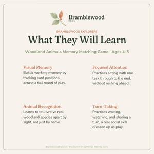 Peut inclure: Une carte &eacute;ducative carr&eacute;e intitul&eacute;e Bramblewood Kids What They Will Learn Woodland Animals Memory Matching Game pour les 4-5 ans. Elle &eacute;num&egrave;re quatre avantages d&eacute;veloppementaux : m&eacute;moire visuelle, attention focalis&eacute;e, reconnaissance animale et tour de r&ocirc;le.