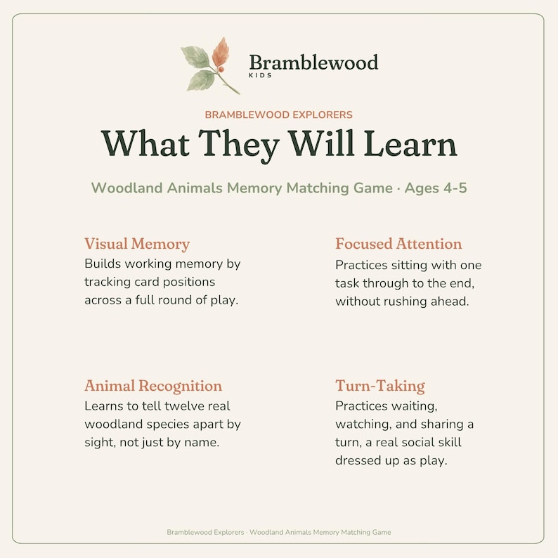 Peut inclure: Une carte &eacute;ducative carr&eacute;e intitul&eacute;e Bramblewood Kids What They Will Learn Woodland Animals Memory Matching Game pour les 4-5 ans. Elle &eacute;num&egrave;re quatre avantages d&eacute;veloppementaux : m&eacute;moire visuelle, attention focalis&eacute;e, reconnaissance animale et tour de r&ocirc;le.