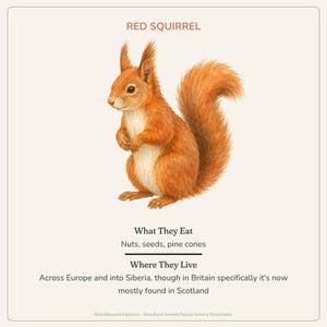 May include: An educational worksheet featuring a detailed illustration of a red squirrel with a bushy tail. The text reads: RED SQUIRREL, What They Eat: Nuts, seeds, pine cones, and Where They Live: Across Europe and into Siberia, mostly Scotland.