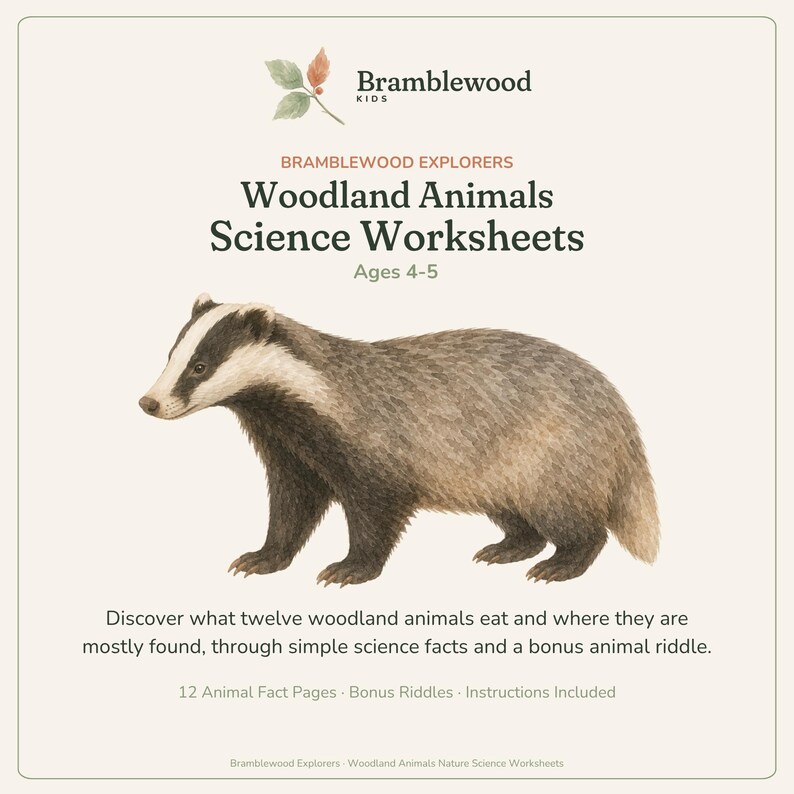 May include: Bramblewood Kids Woodland Animals Science Worksheets for ages 4-5 featuring a detailed illustration of a badger. The text includes: Discover what twelve woodland animals eat and where they are mostly found, through simple science facts and a bonus animal riddle. 12 Animal Fact Pages, Bonus Riddles, Instructions Included.