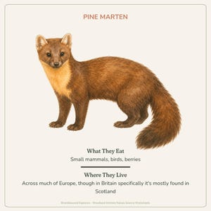 May include: A scientific illustration of a pine marten with brown fur and a cream-colored throat patch. The text reads PINE MARTEN, What They Eat: Small mammals, birds, berries, and Where They Live: Across much of Europe, though in Britain specifically it's mostly found in Scotland. Bramblewood Explorers - Woodland Animals Nature Science Worksheets.