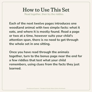 May include: A beige instructional card titled How to Use This Set with dark green text explaining a twelve-page woodland animal worksheet set. It details reading facts about animal diets and habitats, followed by bonus riddle pages for children.