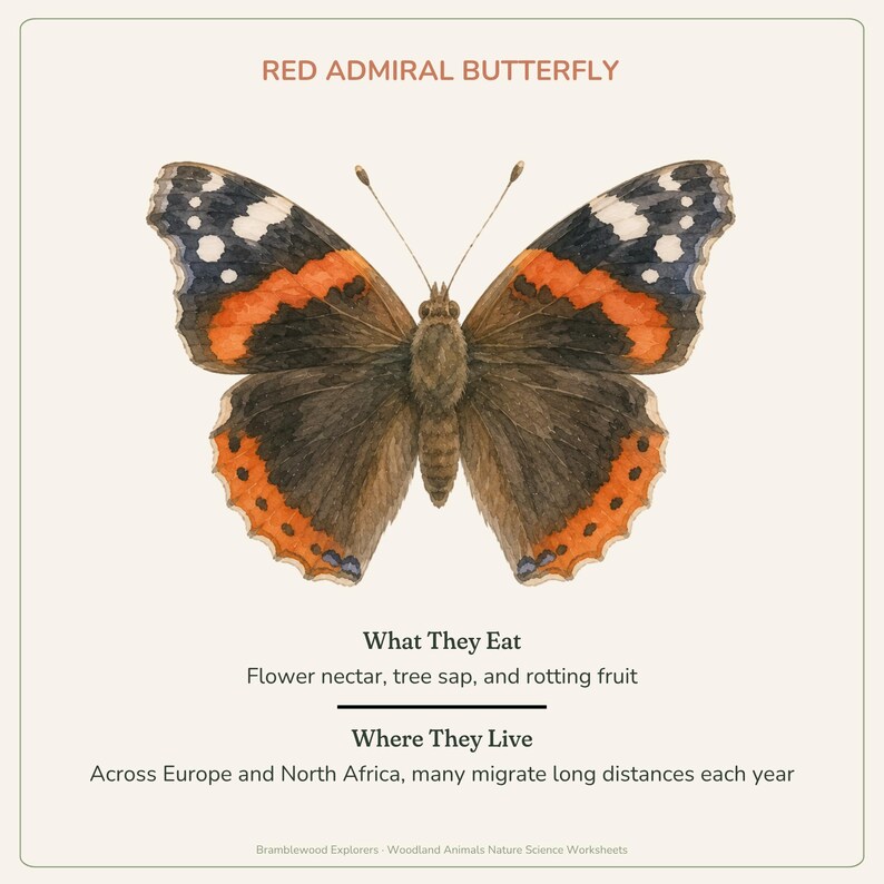 May include: A watercolor illustration of a Red Admiral butterfly with black, orange, and white wings. Text reads: RED ADMIRAL BUTTERFLY, What They Eat: Flower nectar, tree sap, and rotting fruit, Where They Live: Across Europe and North Africa.