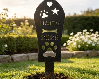 Anpassat namn för husdjur, metallträdgårdspåke med sympati, personlig presentplakett för förlust, husdjursminne för hund eller katt