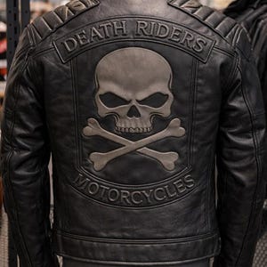 May include: A black leather motorcycle jacket featuring a large embossed skull and crossbones graphic on the back. The text DEATH RIDERS is arched above the skull, and the word MOTORCYCLES is arched below, with quilted shoulder detailing.