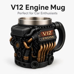 May include: A mug shaped like a V12 engine with a metallic rim, featuring black and bronze-colored mechanical details, pipes, and a plaque that reads V12 ENGINE. The text V12 Engine Mug Perfect for Car Enthusiasts is displayed above the mug.