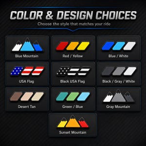 Puede incluir: Una cuadrícula de diez diseños de emblemas rectangulares etiquetados como COLOR & DESIGN CHOICES. Las opciones incluyen siluetas de montañas en azul, gris o colores de atardecer, y varios patrones de tres franjas con banderas o degradados.