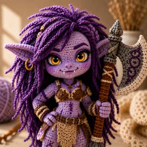 May include: A crocheted doll with purple skin, large amber eyes, and long purple yarn hair. The doll features pointed ears with a gold hoop earring, a brown crocheted bikini top, a brown belt with a buckle, and a brown skirt. It holds a gray axe.