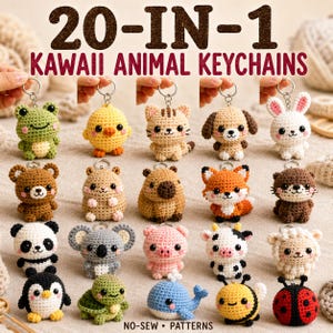 Pode incluir: Uma coleção de vinte pequenos porta-chaves de animais em croché, incluindo sapo, pintainho, gato, cão, coelho, urso, hamster, capivara, raposa, lontra, panda, koala, porco, vaca, ovelha, pinguim, tartaruga, baleia, abelha e joaninha com o texto 20-IN-1 KAWAI ANIMAL KEYCHAINS NO-SEW PATTERNS.