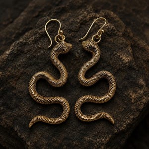 May include: A pair of gold-toned metal earrings shaped like coiled snakes with detailed scale textures. Each earring features a curved hook for attachment, with the snake bodies winding in a serpentine pattern and heads facing outward.