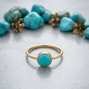 Raw Turquoise Ring Gold, Round Cabochon Turquoise Solitaire Ring, Dainty Stacking Ring, Minimalist Gold Gemstone Ring, December Birthstone.