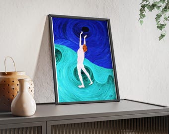 Surrealistische olieverfschilderijprint | Man die naar de maan reikt, wervelende turquoise lucht, muurdecoratie