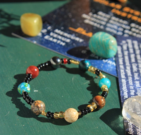 Scientifically Accurate Solar System Bracelet True Colors Orbiting Moons With Informational Cards Made With Natural Stones Gemstones
