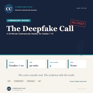 May include: A dark blue and cream educational resource titled Cybercase Files: The Deepfake Call. It features text indicating a 30-minute cybersecurity mystery for grades 7-10, with 5 challenges and no prep required. Includes PDF, PowerPoint, printable, and zip icons.