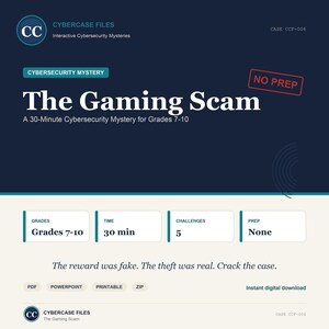 May include: A dark blue and cream digital educational resource titled Cybercase Files: The Gaming Scam. It features text indicating a 30-minute cybersecurity mystery for grades 7-10, 5 challenges, no prep, and includes PDF, PowerPoint, printable, and zip files.