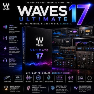Könnte beinhalten: Waves Ultimate 17 Audio-Softwarepaket mit einer schwarzen Box, dem Waves-Logo, dem Text Ultimate 17 sowie blauen und violetten Wellengrafiken. Die Anzeige enthält verschiedene Screenshots von Audio-Interfaces, Funktionssymbole und Text.