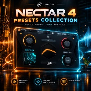 Może przedstawiać: Cyfrowy interfejs oprogramowania do produkcji wokalnej iZotope Nectar 4 Presets Collection. Wyświetlacz przedstawia ciemny panel sterowania z pomarańczowymi i niebieskimi świecącymi akcentami, okrągłymi pokrętłami oraz centralnym wykresem fali.