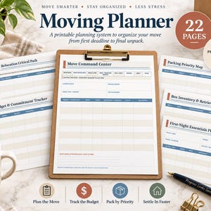 Könnte beinhalten: Ein druckbares Umzugsplaner-System mit 22 Seiten, bestehend aus einem Klemmbrett mit einem Move Command Center-Blatt, kritischem Pfad, Budget-Tracker, Prioritätskarte, Inventarliste für Kartons und einem Plan für die erste Nacht.