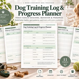 Peut inclure: Un journal de dressage et planificateur de progrès pour chien comprenant 11 pages de modèles PDF imprimables. Les documents présentent des sections pour les objectifs, le suivi du comportement, les séances et échelles de fiabilité en vert sauge.